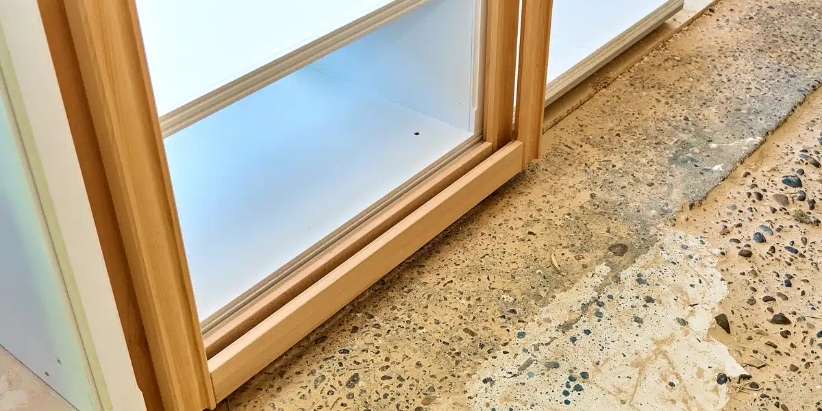 Entryway & Mudroom Surfaces for Snow, Salt, and Grit Wood cabinet frame set on a concrete floor in an entryway or mudroom, highlighting durable surface choices designed to handle snow, salt, and grit while maintaining a clean and functional interior space.