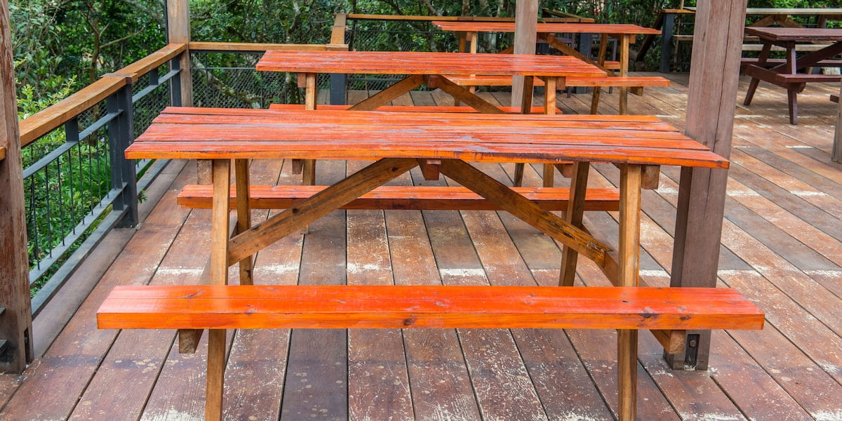 Is The Sun Ruining My Wood Floors Wooden picnic tables on forest deck